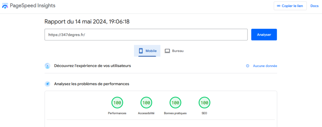 Résultat du rapport d'analyse de la version mobile de PageSpeed Insights