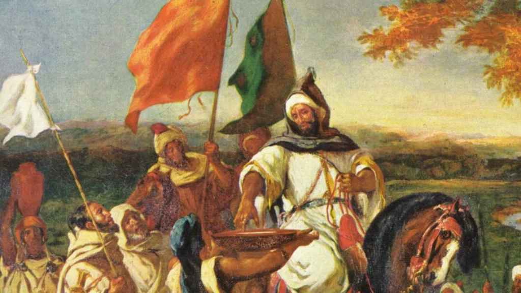 Détail d'une aquarelle d'Eugène Delacroix. Une chef marocain sur une cheval est accueilli