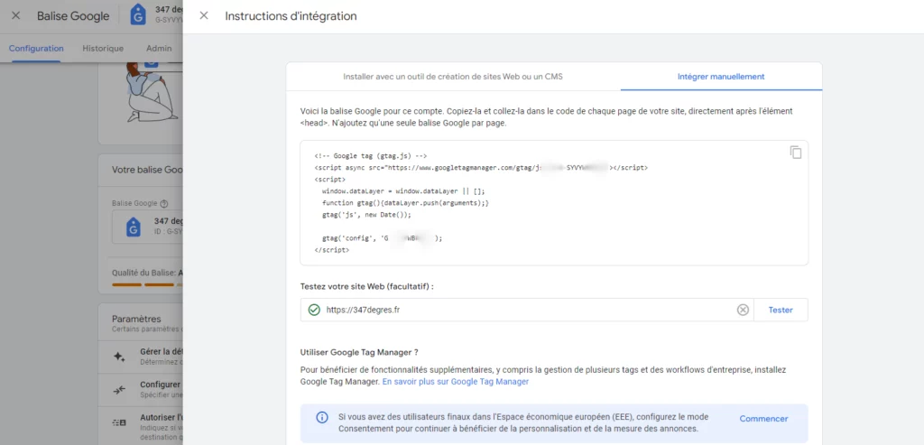 Vue du code de google analytics