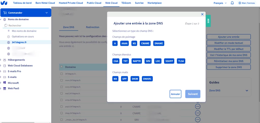 Capture d'écran d'un logiciel d'hébergement en ligne