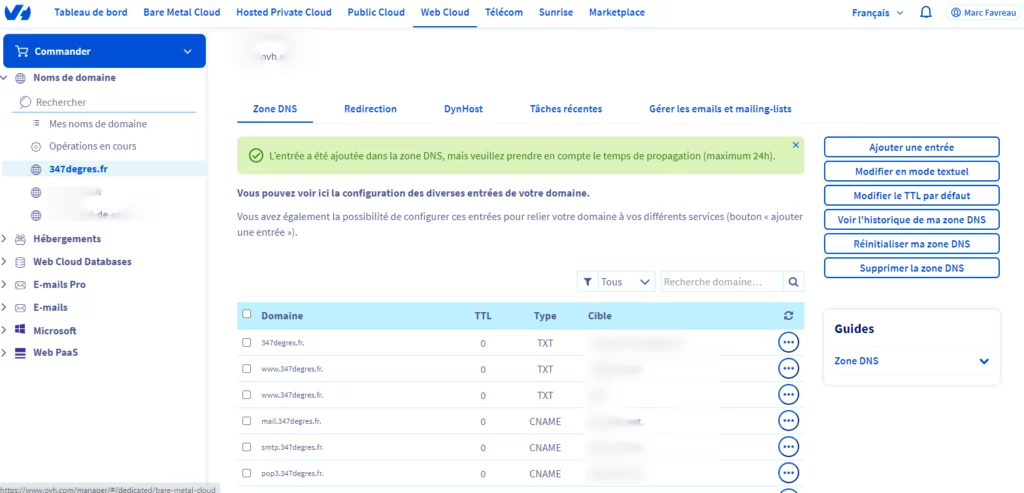 capture d'écran du logiciel en ligne OVH