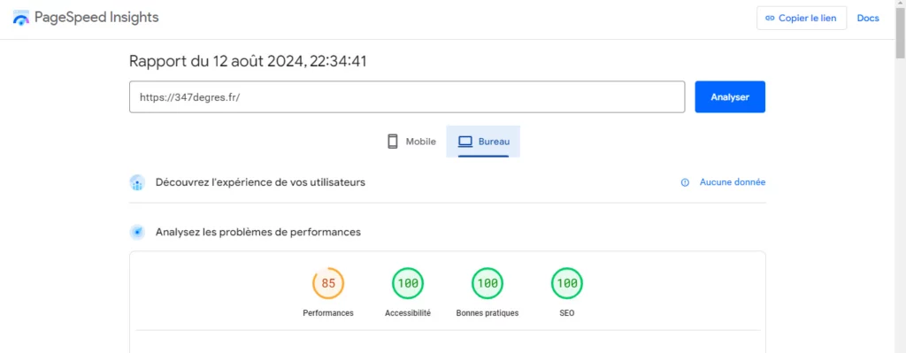 résultats du test du nouveau thème pour l'utilisation sur desktop de mon site sur pagespeed insights, le 12 août 2024