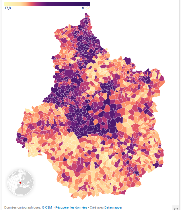 Carte des communes de la Région Centre-Val de Loire colorées en fonction du taux de taxe foncière sur les propriétés bâties, avec une représentation continu, par décile.