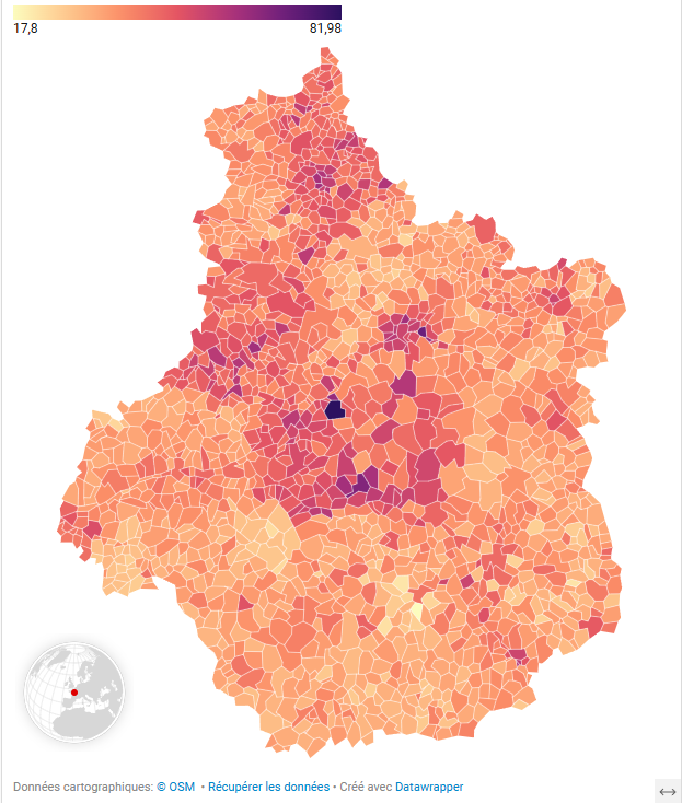 Carte des communes de la Région Centre-Val de Loire colorées en fonction du taux de taxe foncière sur les propriétés bâties, avec une représentation continu, linéaire