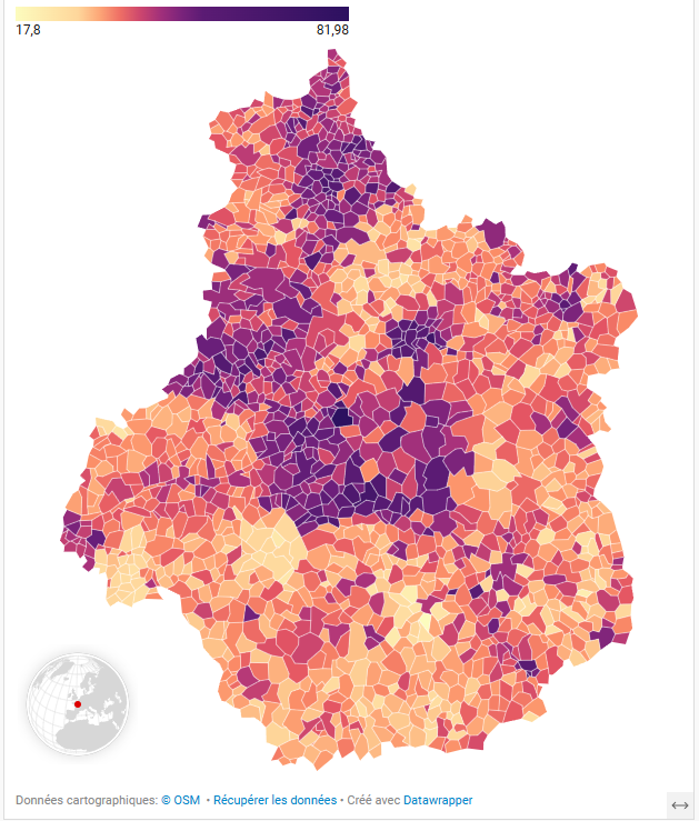 Carte des communes de la Région Centre-Val de Loire colorées en fonction du taux de taxe foncière sur les propriétés bâties, avec une représentation continu, naturelle.