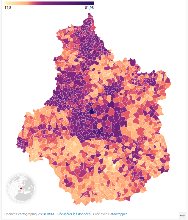 Carte des communes de la Région Centre-Val de Loire colorées en fonction du taux de taxe foncière sur les propriétés bâties, avec une représentation continu, par quartile