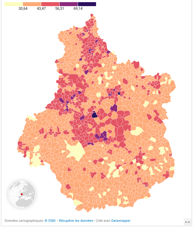 Carte des communes de la Région Centre-Val de Loire colorées en fonction du taux de taxe foncière sur les propriétés bâties, avec une représentation par étapes, avec intervalles égales