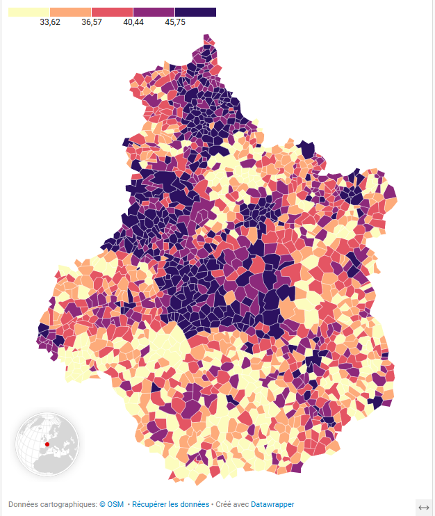 Carte des communes de la Région Centre-Val de Loire colorées en fonction du taux de taxe foncière sur les propriétés bâties, avec une représentation par étapes, répartition par quantilles